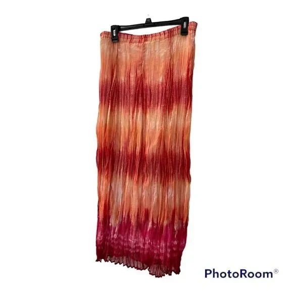𝅺CHICOS size 1 Crinkle Maxi Skirt Orange Ombre Tie Dye Stripe Gauze M Medium - Picture 2 of 3